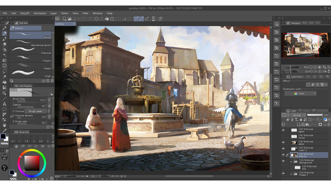 Digital art software open on a tablet, showing colorful creative work in progress.